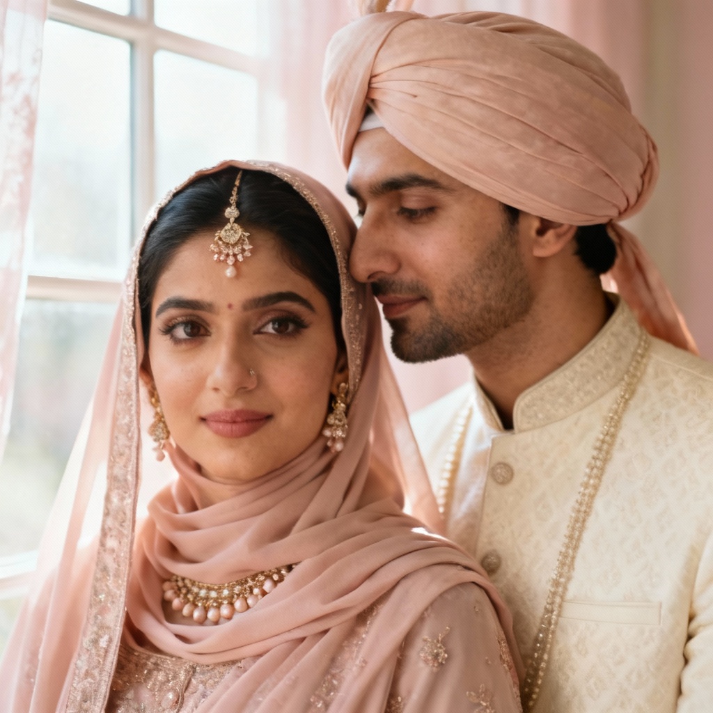 AI South Asian Muslim bride and groom portrait in modest attire