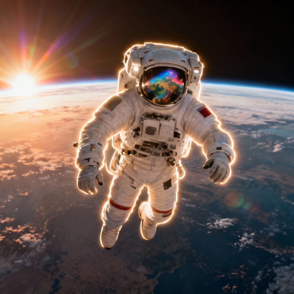 AI NASA astronaut floating above Earth during sunrise