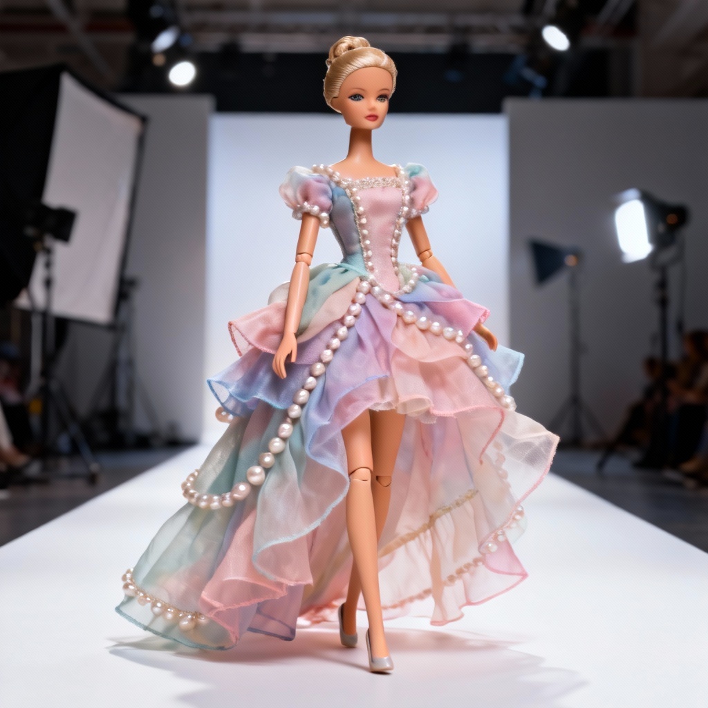 AI doll fashion maker runway preview with pastel couture dress