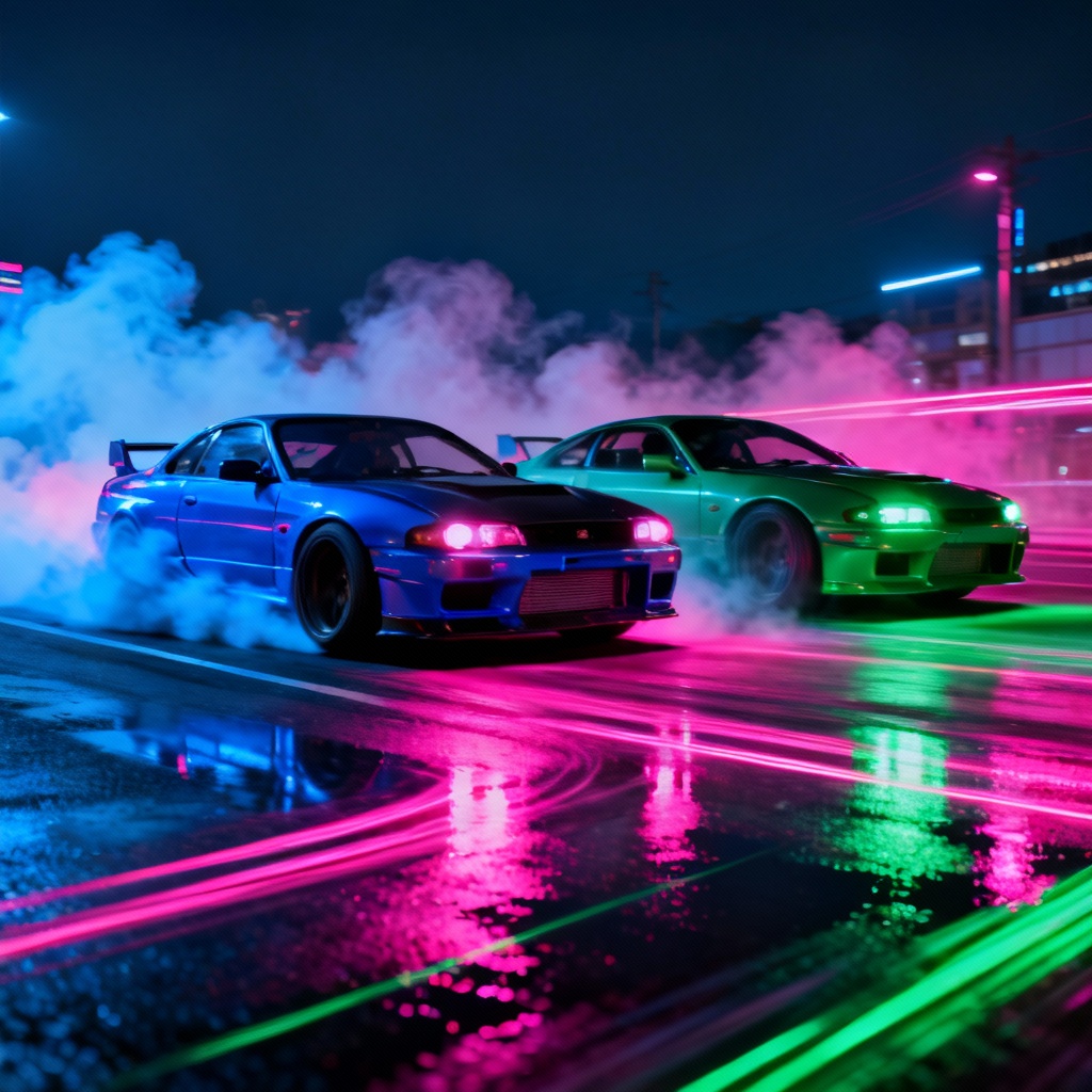 AI street race drift duel with neon reflections
