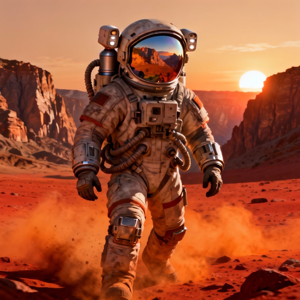 AI astronaut in a futuristic EVA spacesuit on a dusty Martian landscape