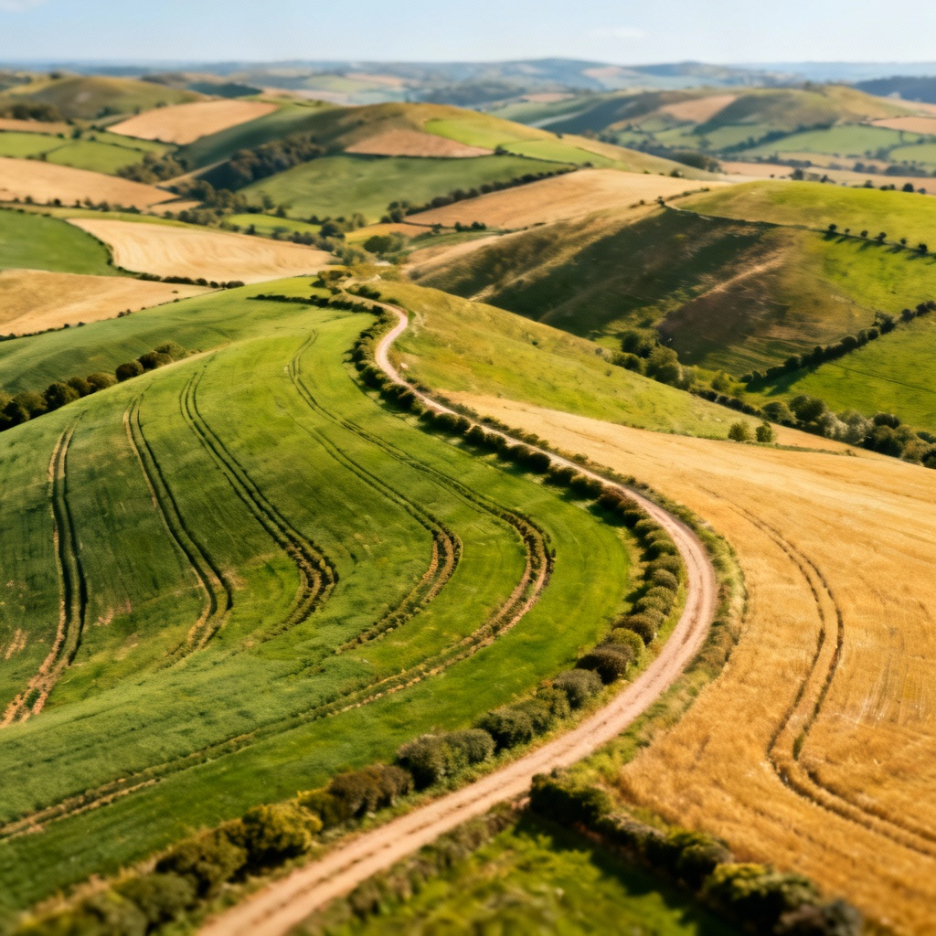 AI aerial panorama of rolling hills and fields