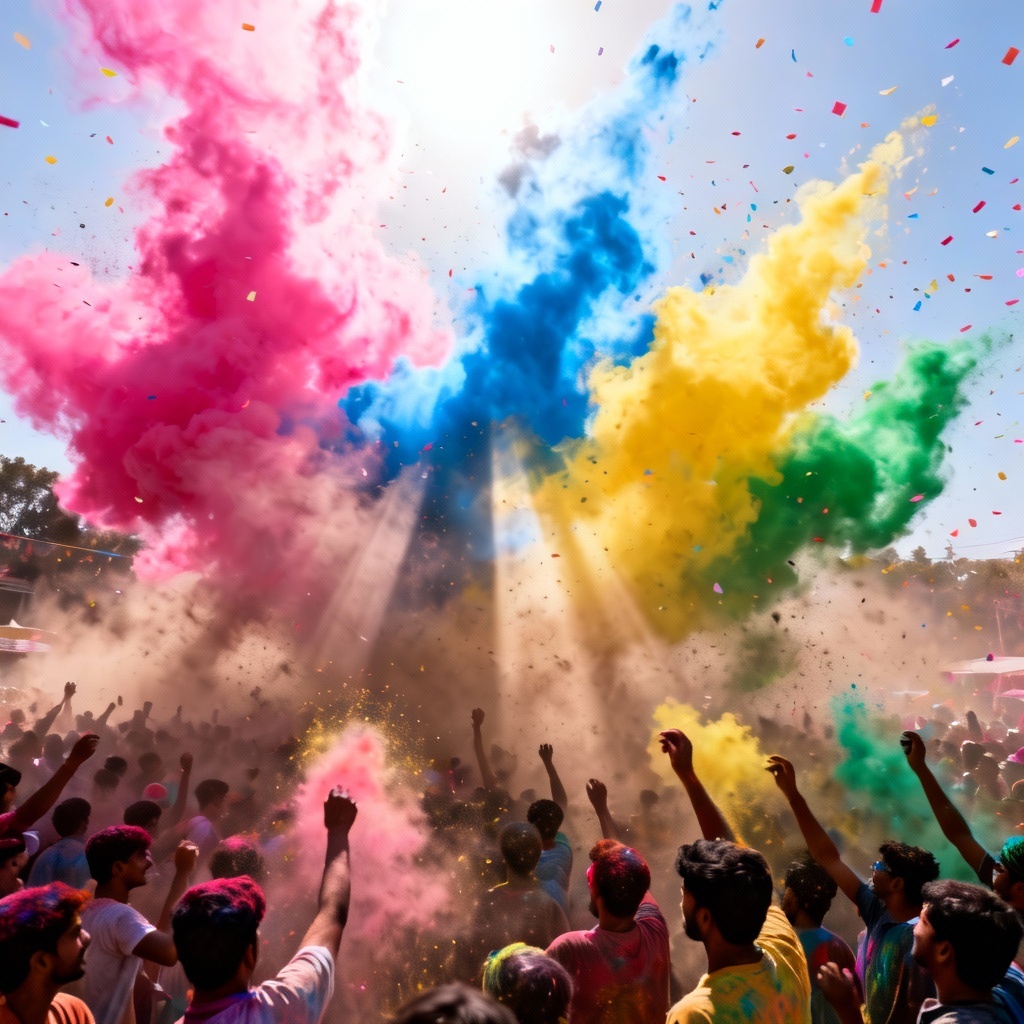 AI Holi color explosion crowd scene with powder clouds