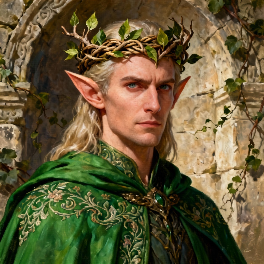 AI regal elf king portrait with crown of leaves