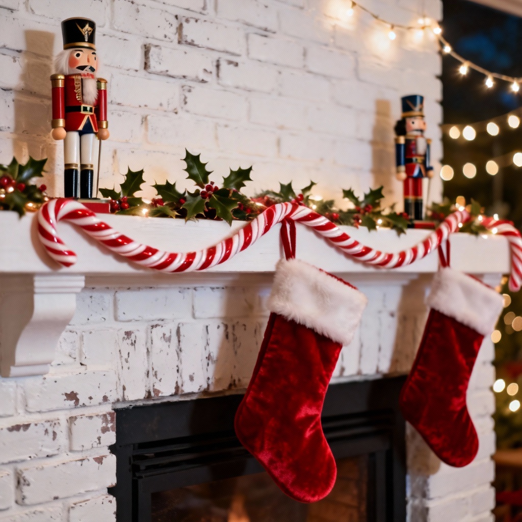 AI Candy Cane Mantel Decorations with garland and nutcrackers