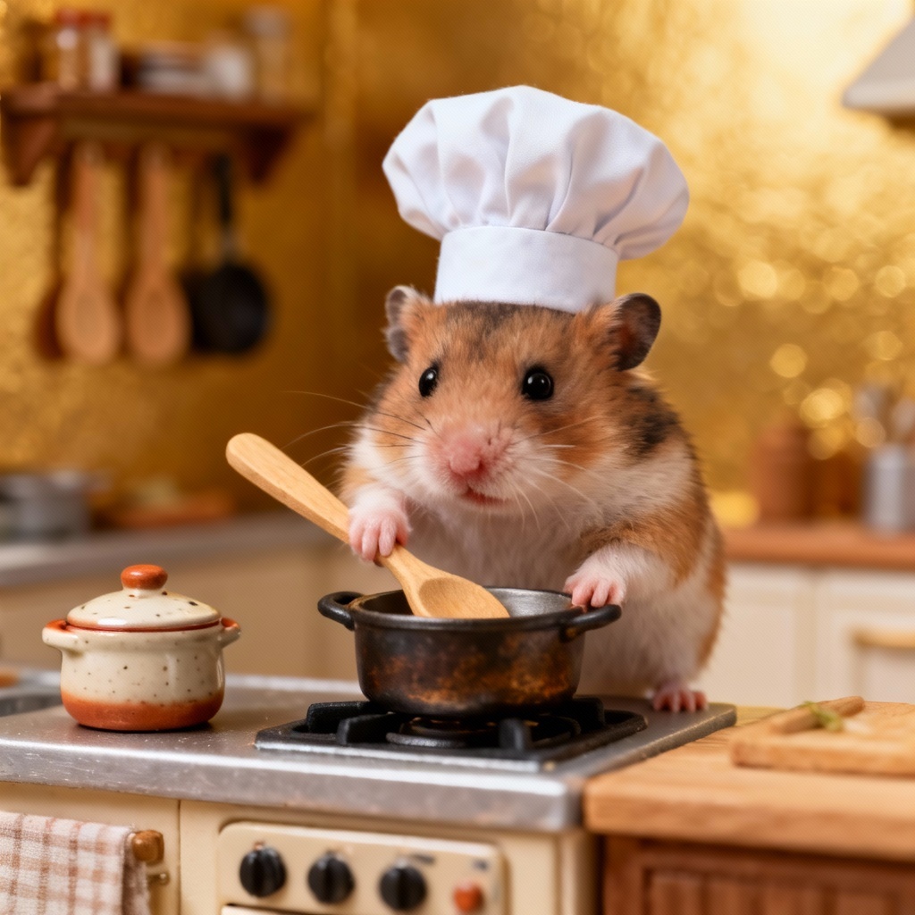 AI hamster chef cooking in a tiny kitchen
