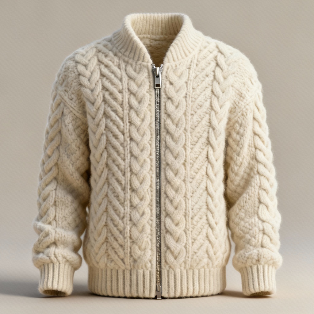 AI knitted jacket mockup with chunky cable texture and zip front
