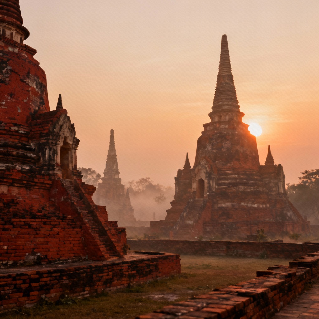 AI Ayutthaya historical park with red brick stupas