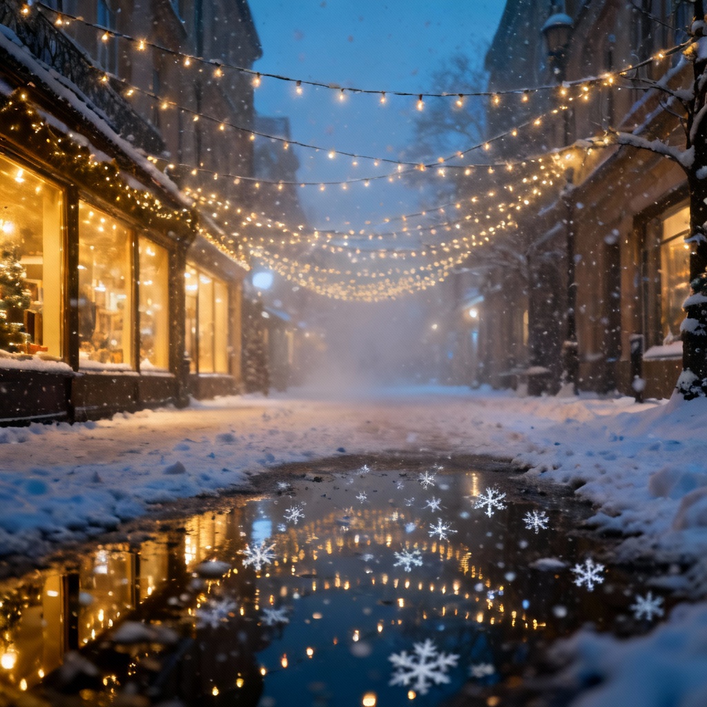 AI Night city street with snow and festive lights