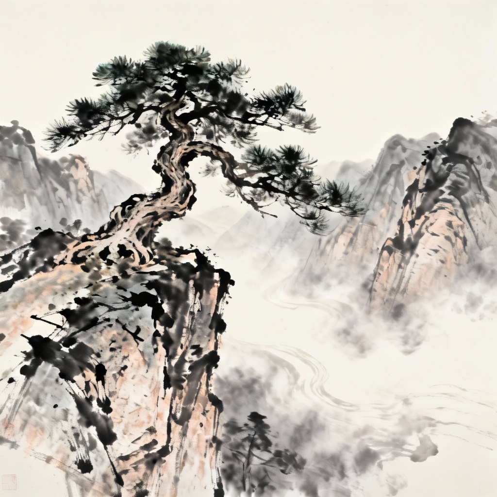 AI ancient pine on cliff in shan shui brush style