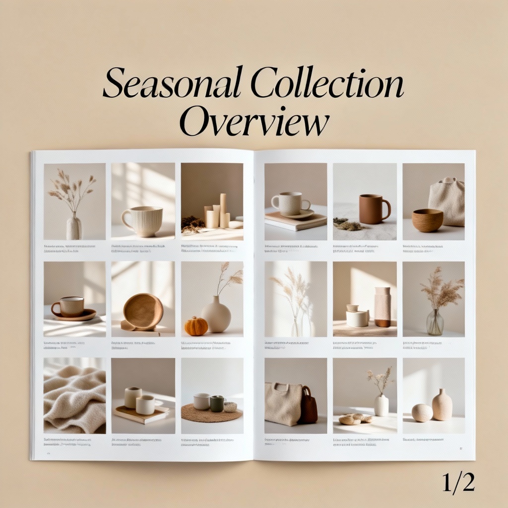 AI minimal beige lookbook spread with clean grid and serif type