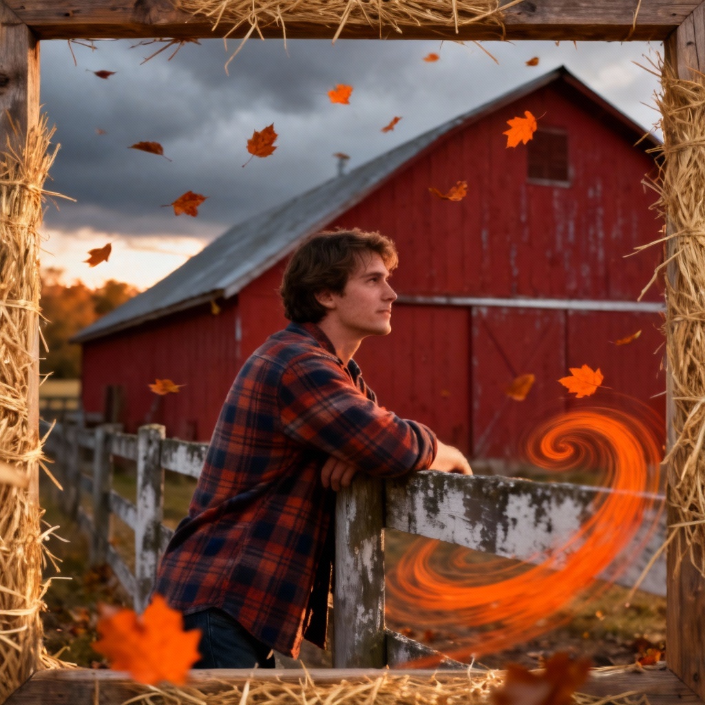 Outdoor farm photo with rustic turkey frame and leaf swirl
