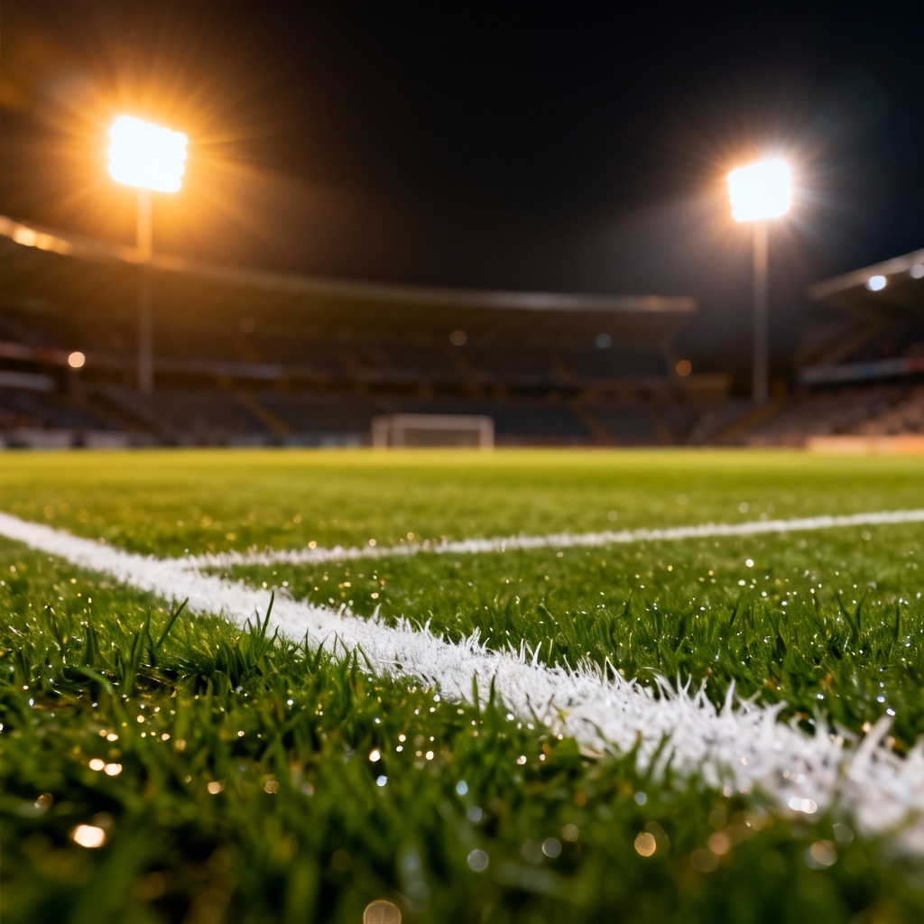 Night stadium soccer pitch with crisp white lines and turf