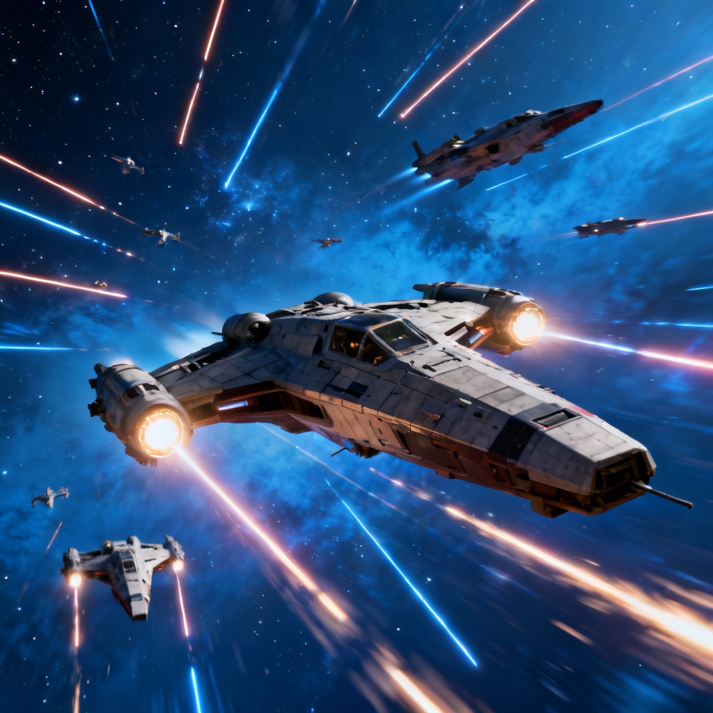 AI Star Wars space battle with starfighters in hyperspace