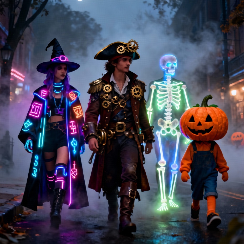 Group wearing AI-generated Halloween costumes on a foggy night street