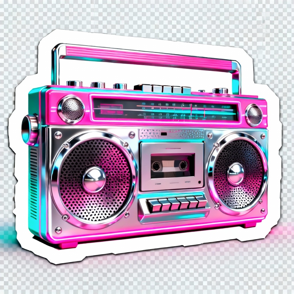 Retro boombox die-cut sticker with neon accents