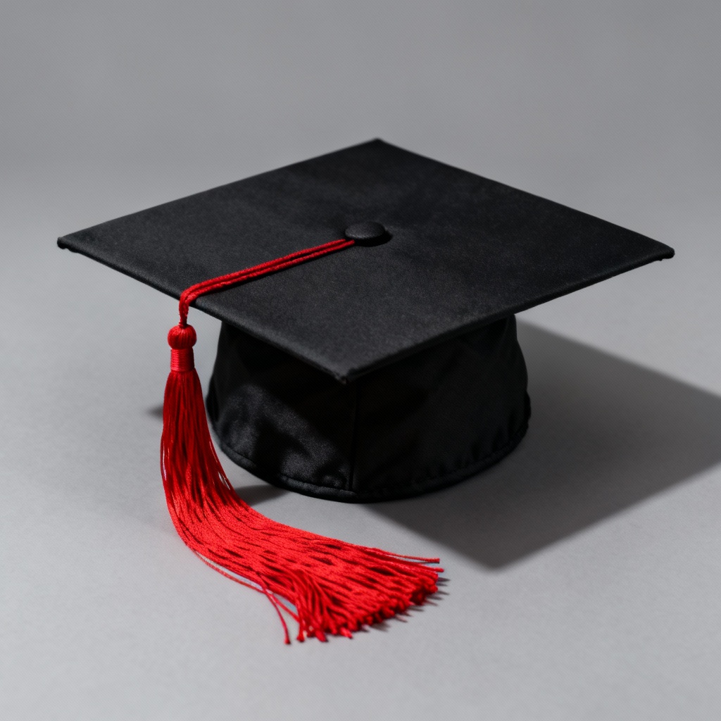 Graduation mortarboard with bold red tassel closeup