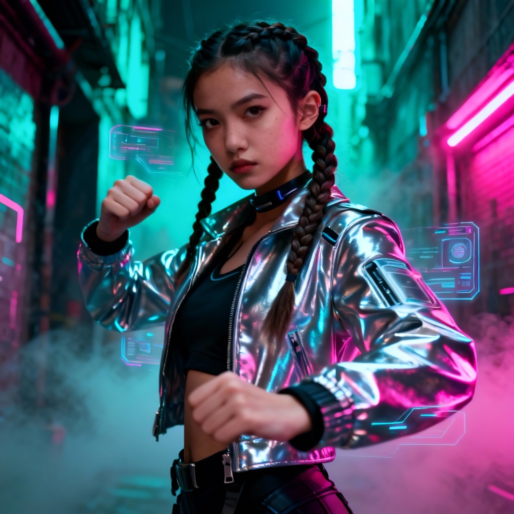 AI neon cyberpunk heroine with glowing circuitry and bold stance