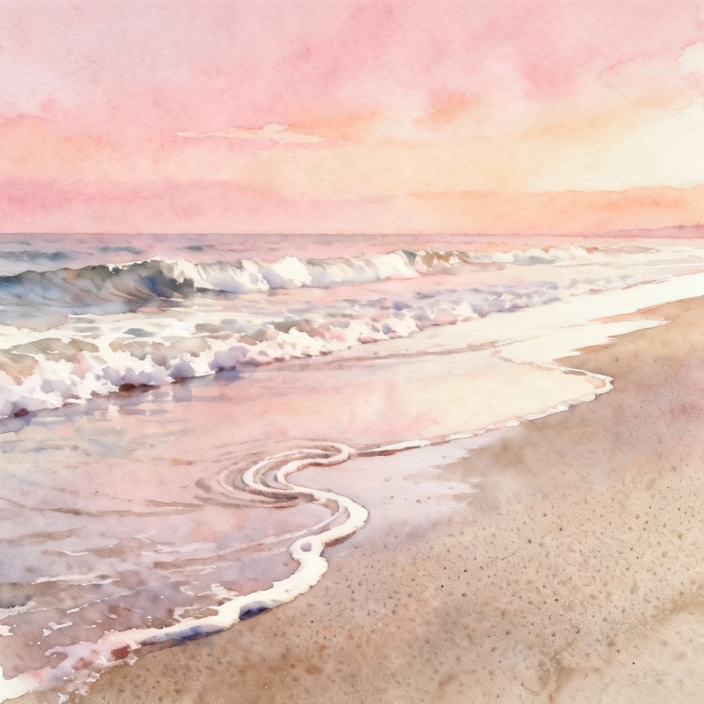 AI watercolor evening waves with pastel foam trails