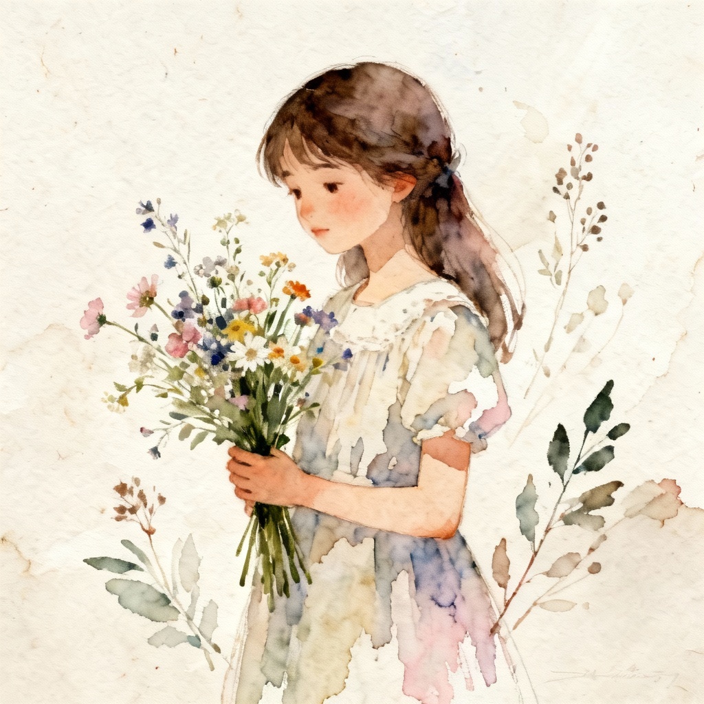 Watercolor flower girl with wildflower bouquet