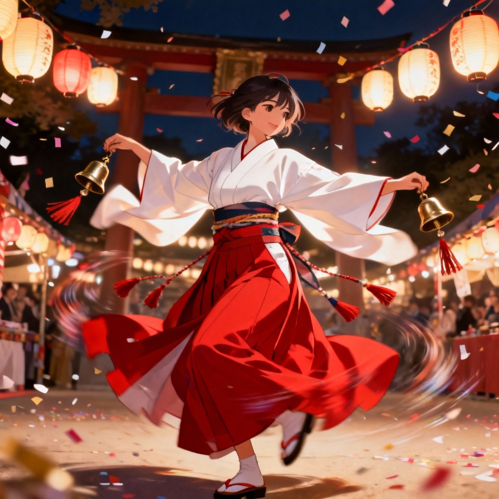 Anime miko outfit for festival dance with lantern lights