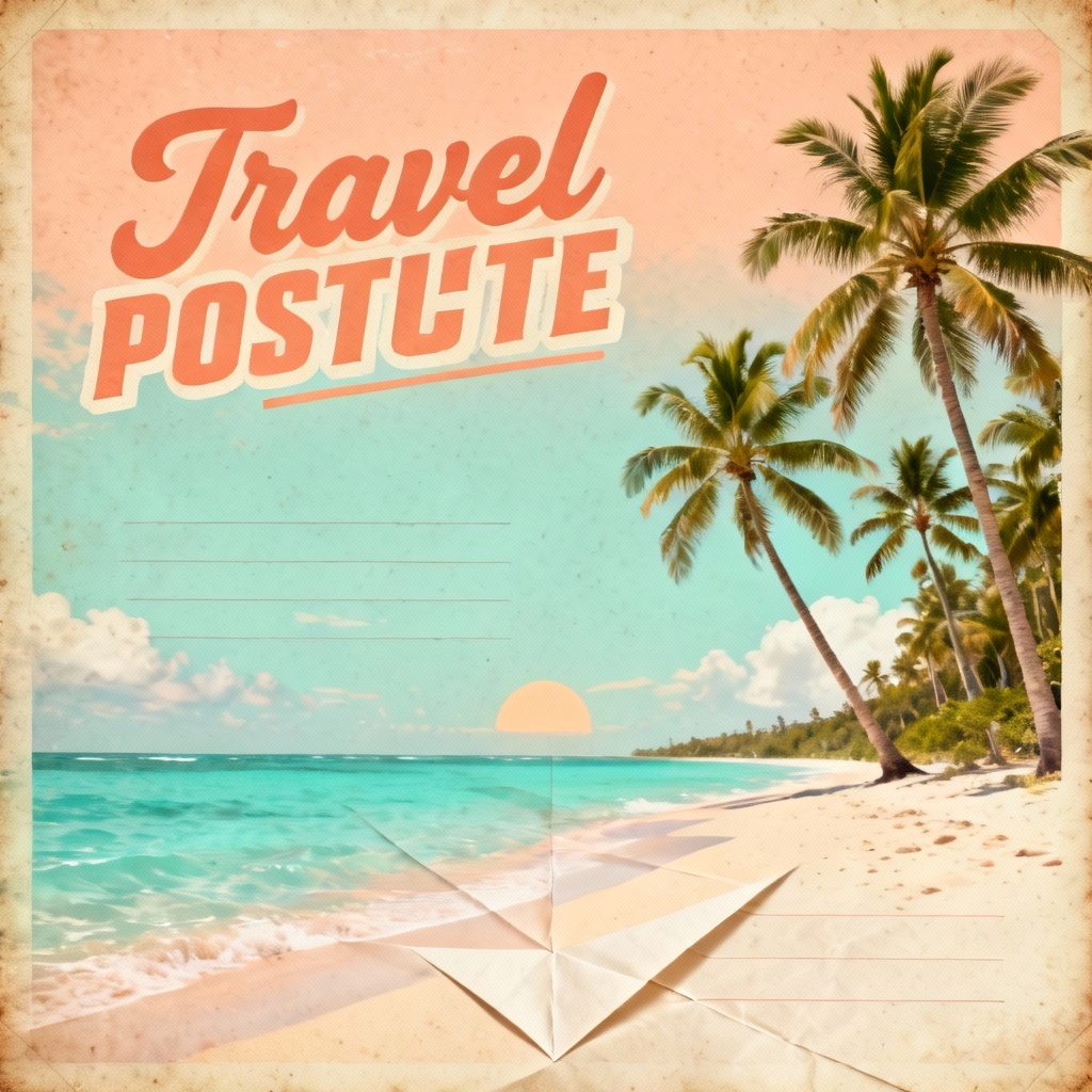 AI tropical summer postcard with palm trees and pastel sky
