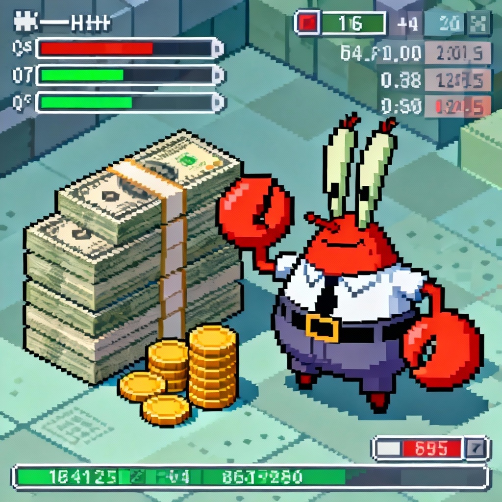 AI Mr. Krabs pixel art cash stack