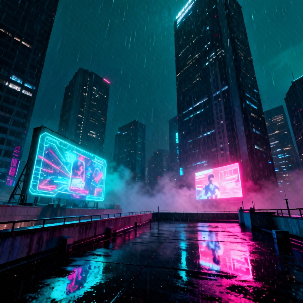 AI cyberpunk neon city rooftop environment