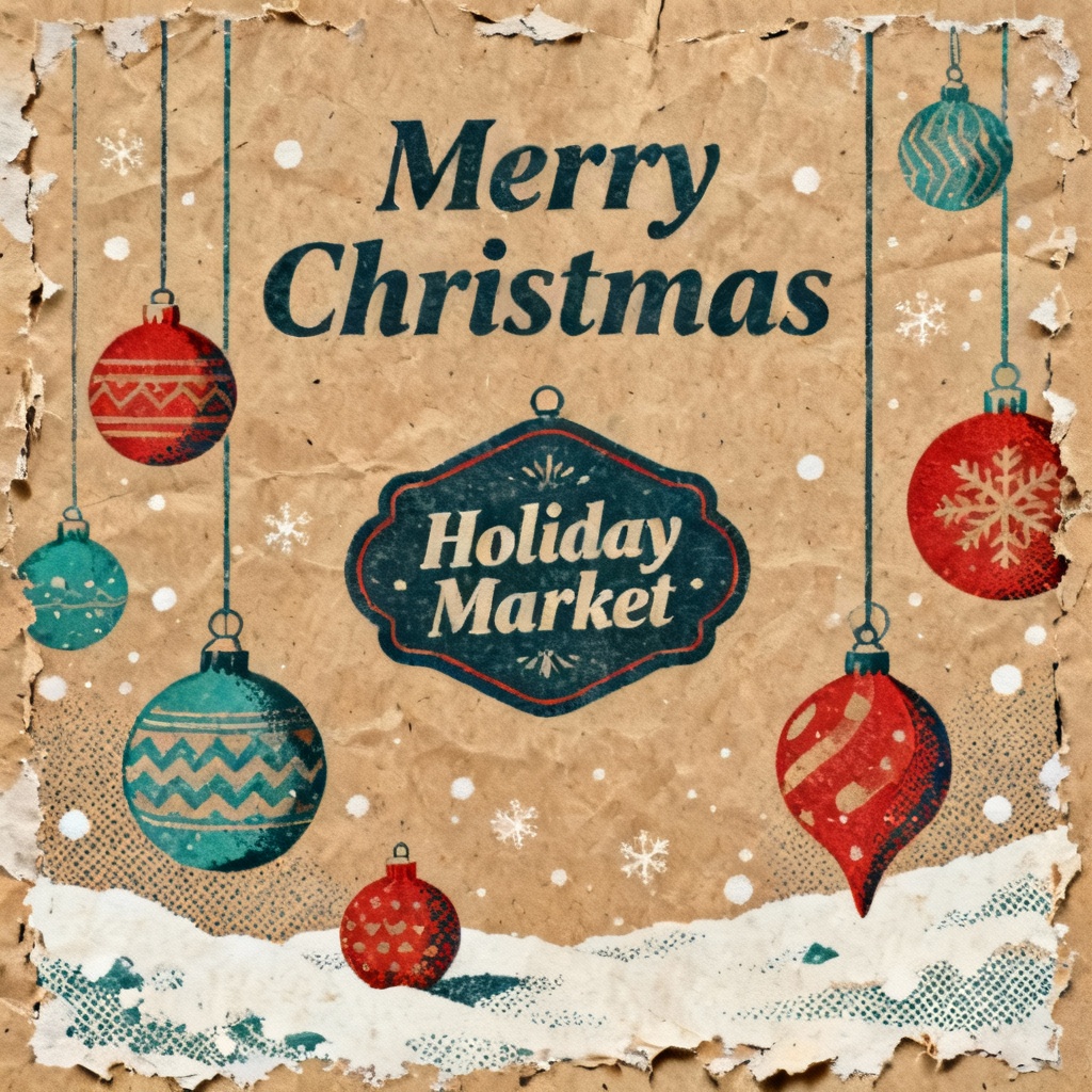 Retro Christmas poster with vintage textures and classic ornaments