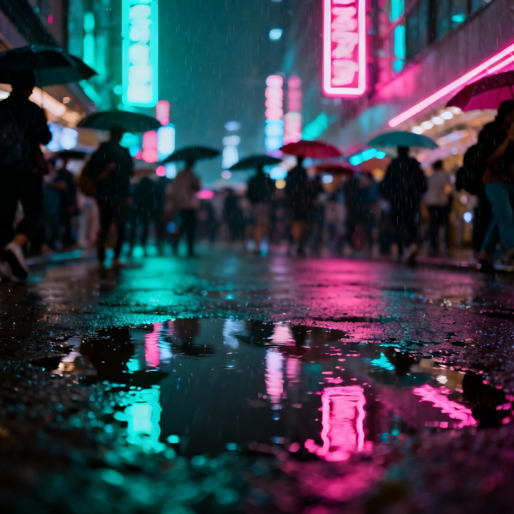AI cyberpunk city street scene with rain