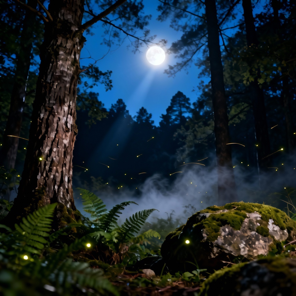 AI moonlit forest path with fog and fireflies