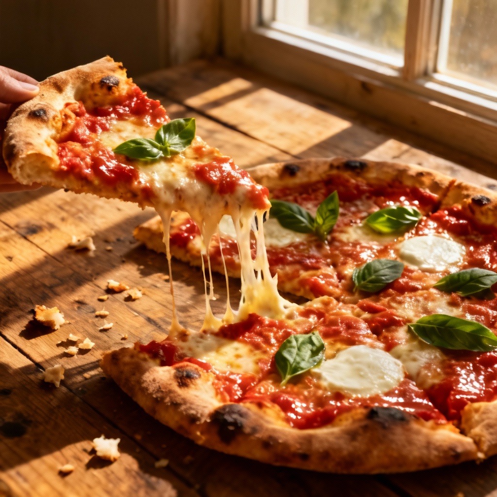 AI pizza slice with cheese pull and basil