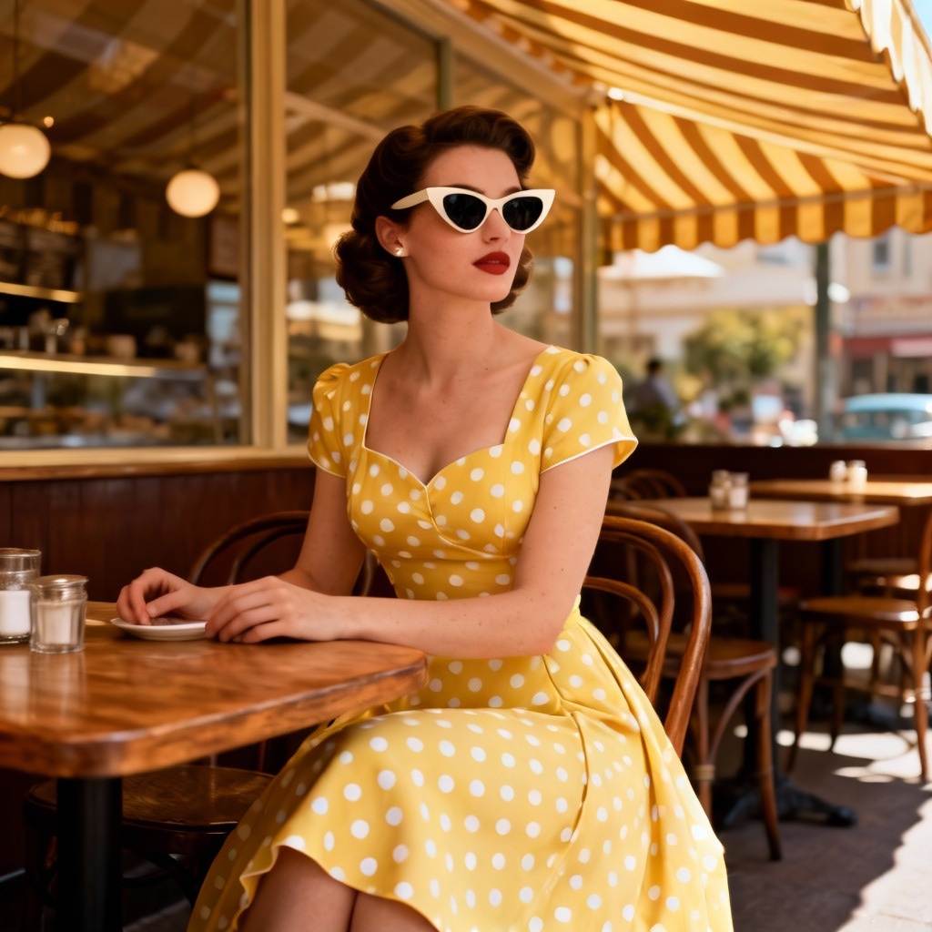AI retro yellow polka dot tea dress