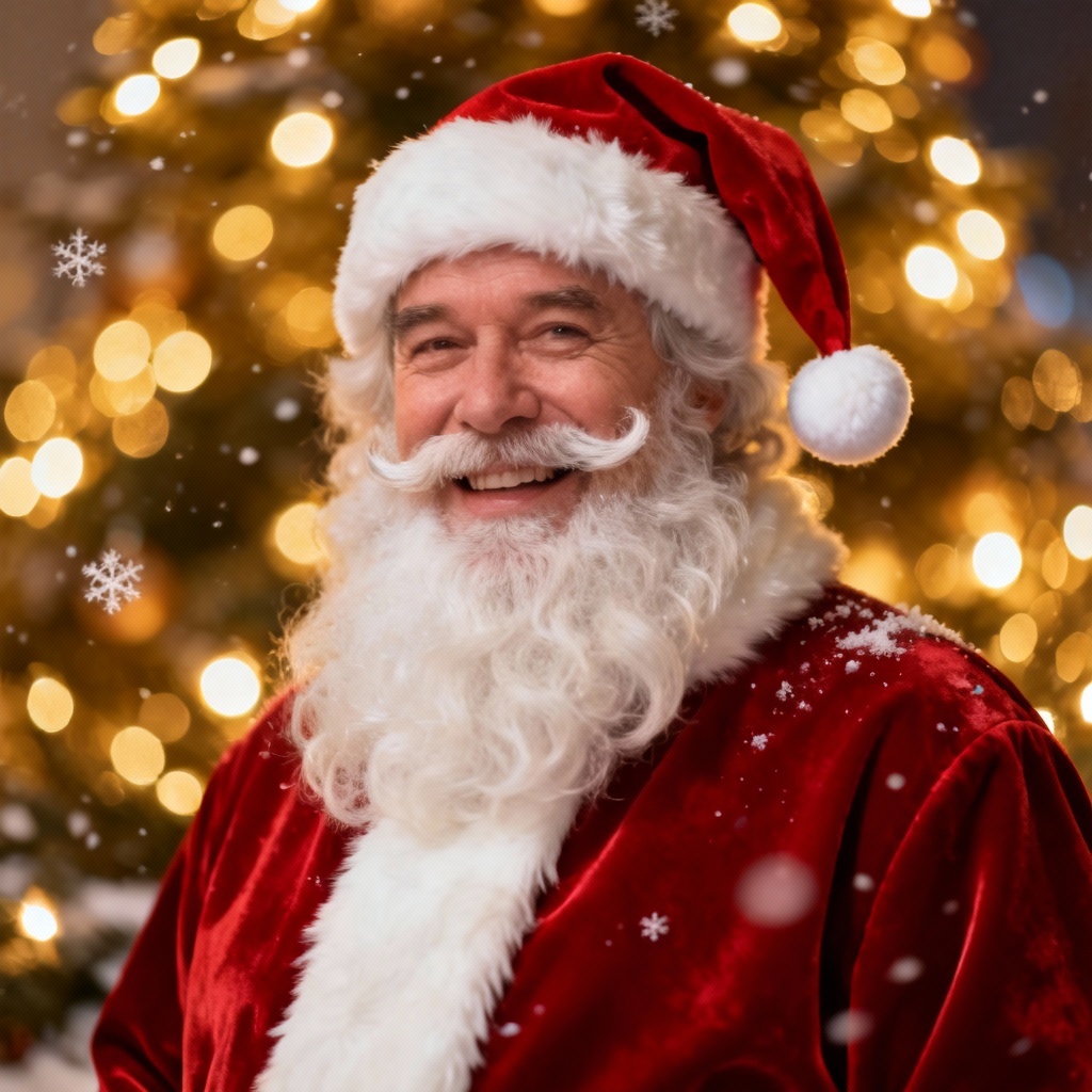 AI Santa portrait of smiling adult wearing red suit, hat, and white beard