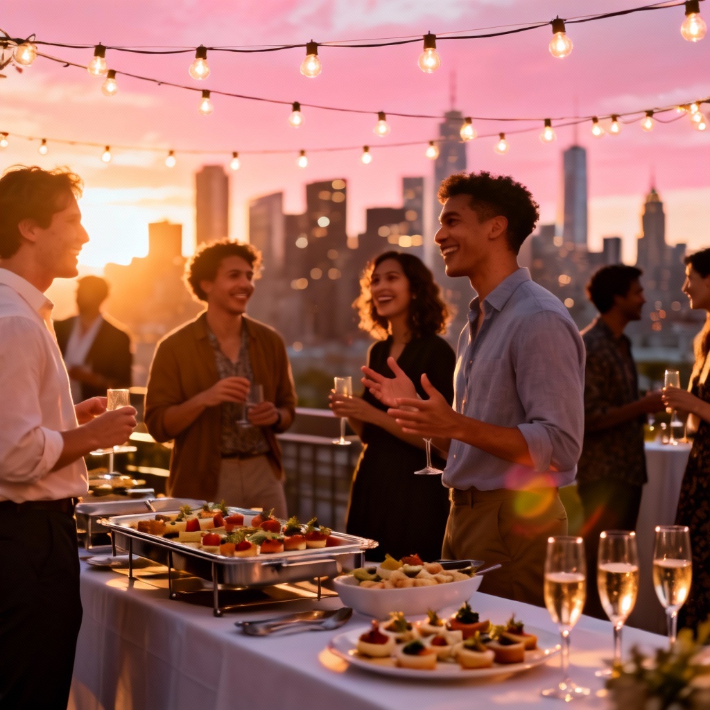 AI rooftop social gathering at sunset with string lights