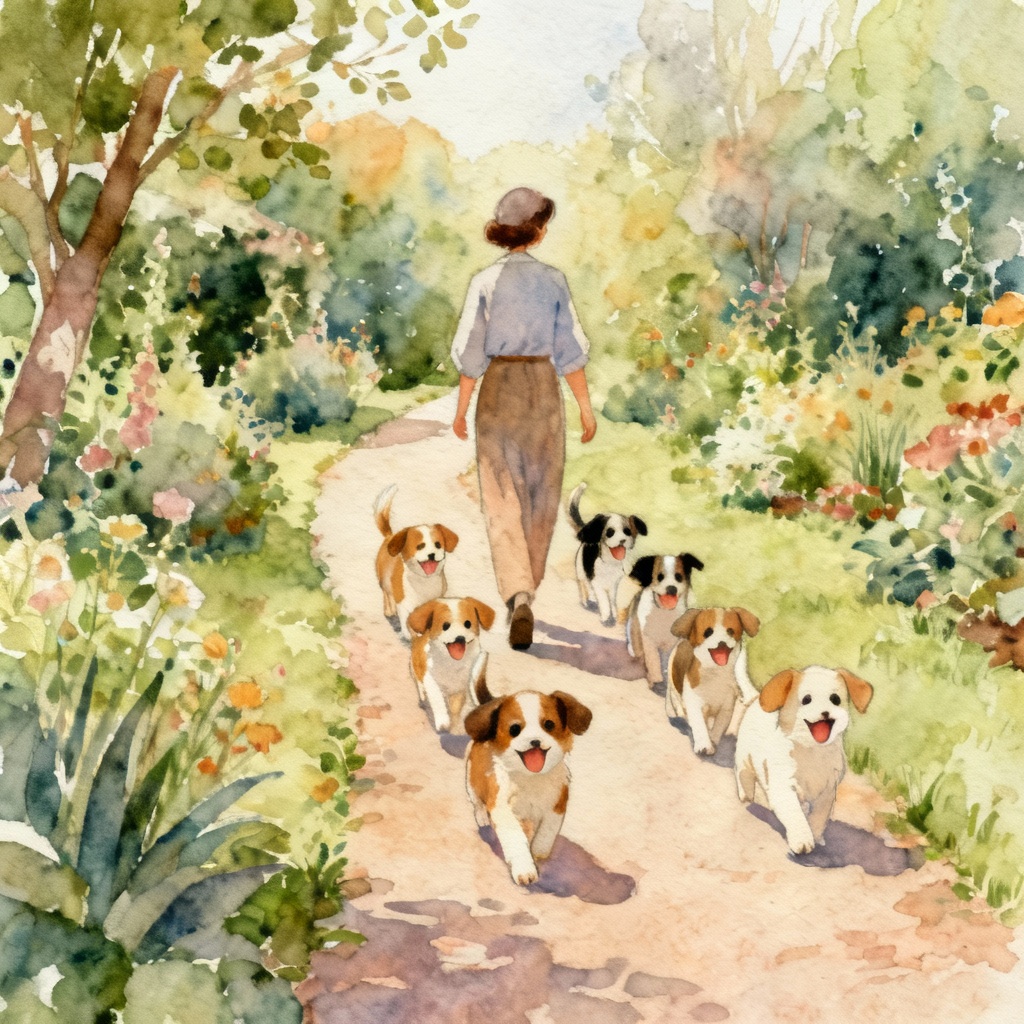 Watercolor illustration of AI surrounded by puppies in a garden