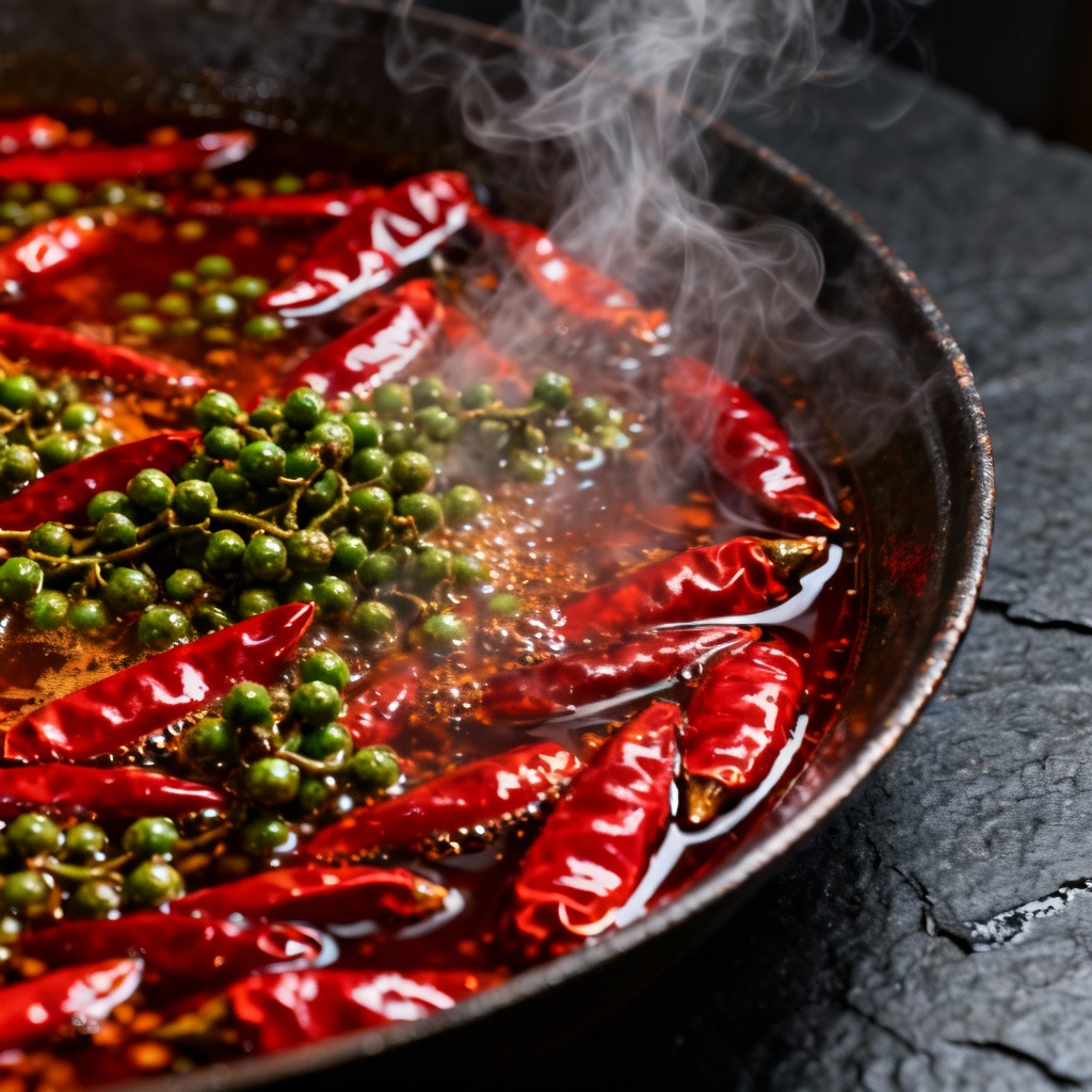 Closeup of spicy mala hotpot with chili peppers and peppercorns