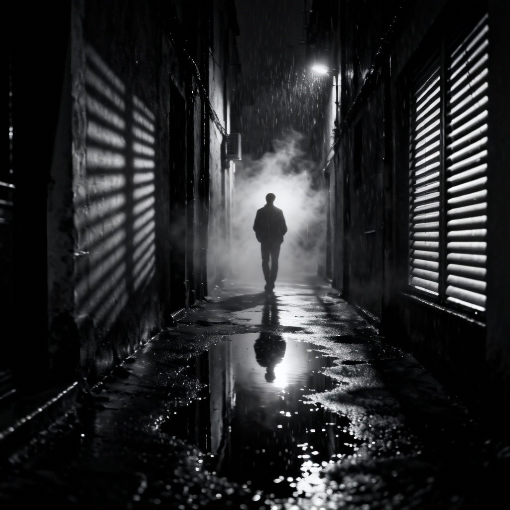 AI noir city alley with rain and moody lighting