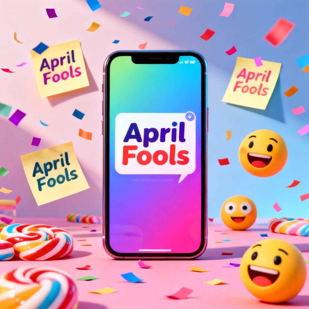 Playful April Fools prank generator concept art with confetti and signs