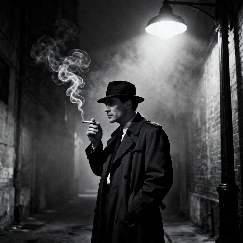 AI noir detective smoking with dramatic smoke curls