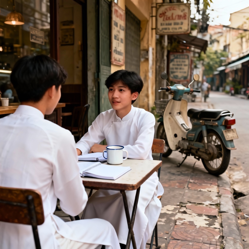 Student-style ao dai at a vintage Saigon street cafe