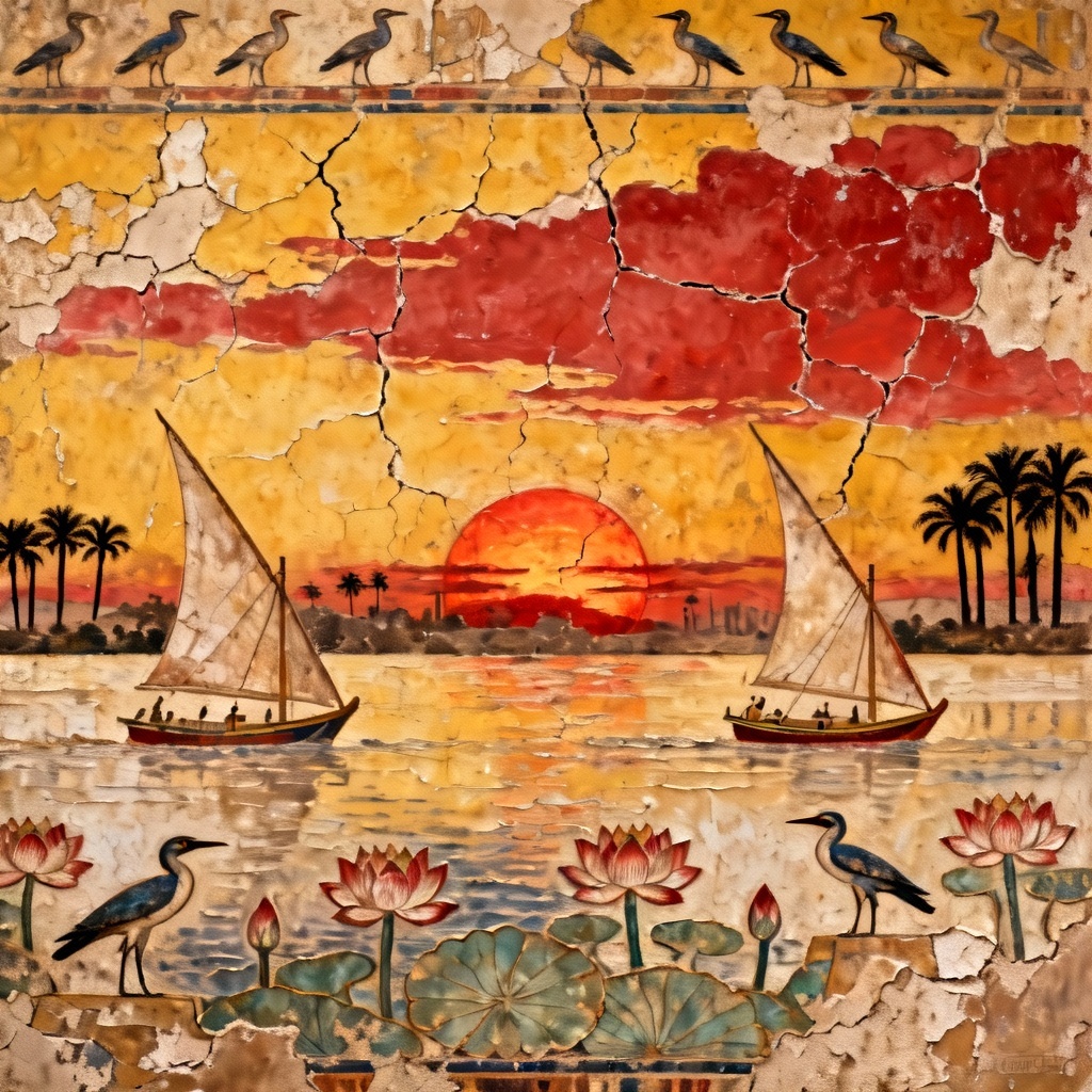 AI painted mural of Nile at sunset with temple
