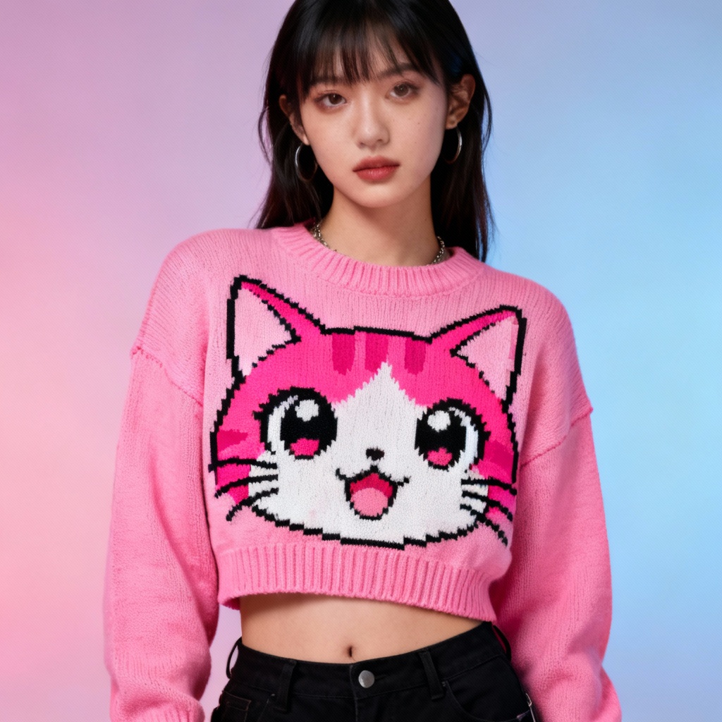AI anime cat graphic knit sweater