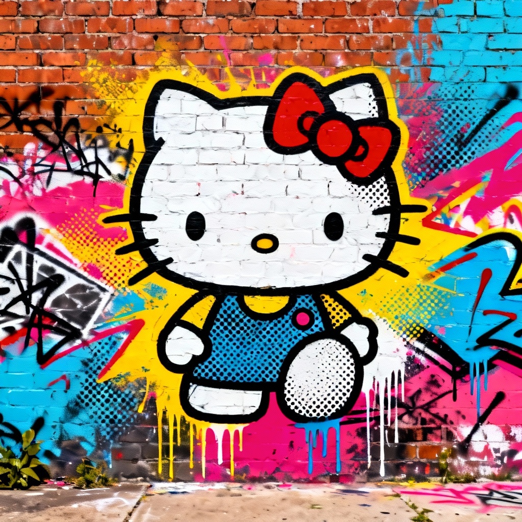AI Hello Kitty graffiti wall pop art