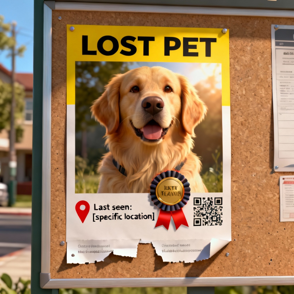 AI-generated missing pet poster with dog photo and tear-off tabs