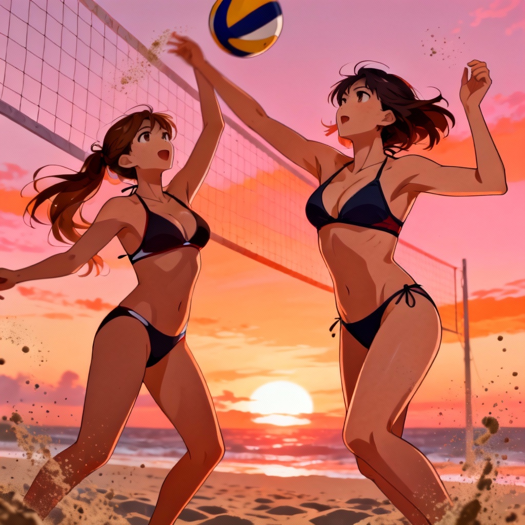 Anime beach volleyball duo in sporty bikinis at sunset