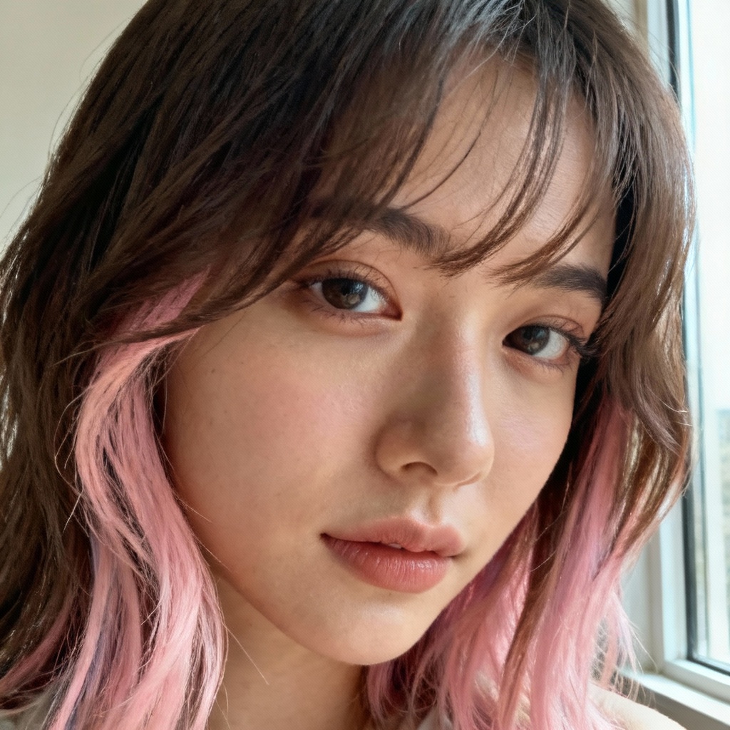 AI soft pink highlights on brunette hair