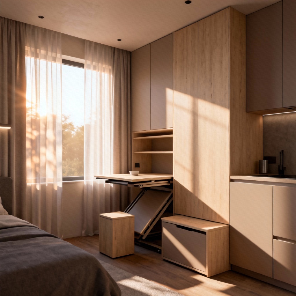 AI compact contemporary apartment with space-saving design