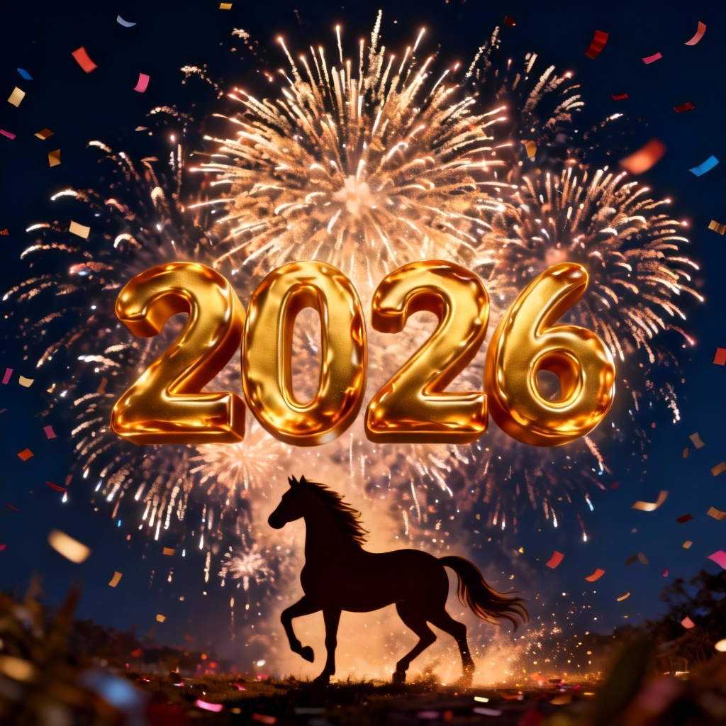 AI 2026 New Year fireworks poster with gold typography