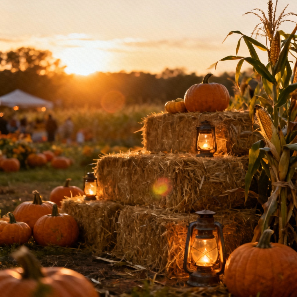 AI pumpkin patch at sunset with lanterns and hay bales